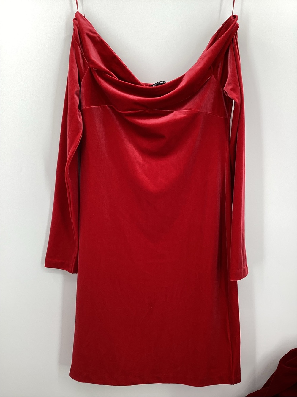 Steve Madden Red Velvet Off-Shoulder Long Sleeve Dress